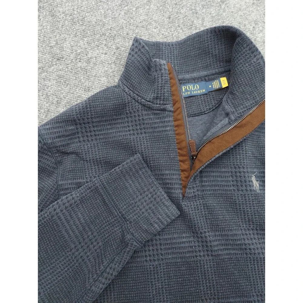 POLO RALPH LAUREN Pullover Sweater Mens Medium Gray Houndstooth Plaid 1/4 Zip